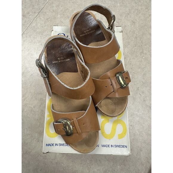 Vintage Olof Daughters of Sweden Leather Wooden Clog Sandals Size 35 (5) - Picture 2 of 6